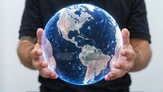 A digital globe, glowing with data and constellations, is cradled in the hands of an individual.