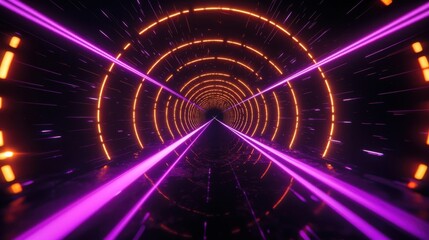 Abstract digital tunnel illuminated by neon lights in bright purples and vivid oranges,