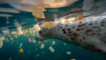 A seal is swimming through the ocean water filled with plastic debris as the sun sets in the background. This moment captures the impact of pollution on marine life