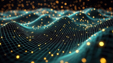 A digital grid with a wavy surface features yellowish dots resembling nodes or energy points within a network,