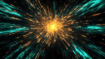 Abstract composition with dynamic visual effects, radiating lines in gold and teal, dark background, glowing center,