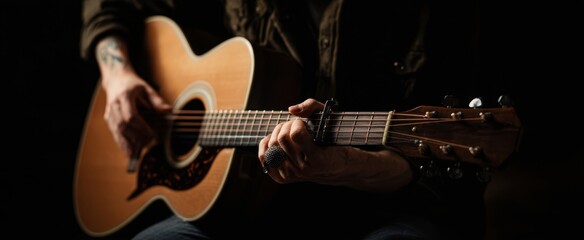 Obraz premium The Acoustic Guitar Hands Strumming a Warm Wooden Instrument in Moody Low Light
