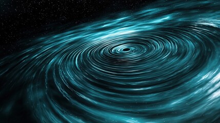 An abstract swirling vortex in deep blues and turquoises with star-like specks, representing a cosmic event or galaxy,