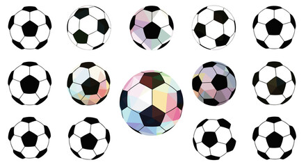 Obraz premium Fifteen stylized soccer balls in varying designs and orientations shown