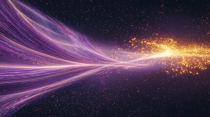 Abstract cosmic scene with dynamic purple and pink filaments, golden particle outbursts, dark starry background,