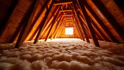Fluffy cellulose insulation in attic interior enhances energy efficiency and thermal comfort. Eco-friendly sustainable material covers rafters and flooring, reducing heat loss, saving energy.