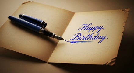 Fototapeta premium Elegant Blue Fountain Pen Writing Happy Birthday Message on Vintage Open Card with Warm Soft Lighting