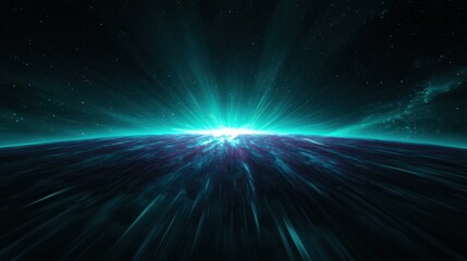 Artistic depiction of outer space with rays from a central bright area, dark backdrop filled with stars,