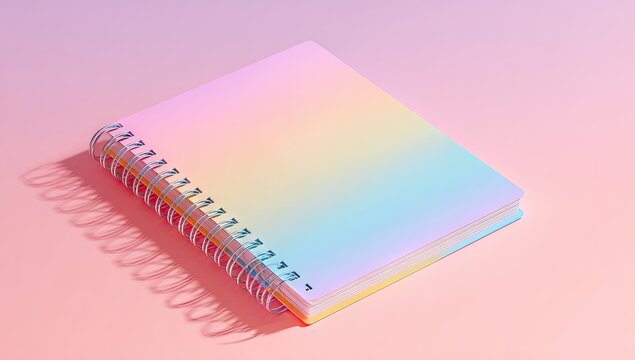 Aesthetic holographic spiral notebook on a pastel pink background.