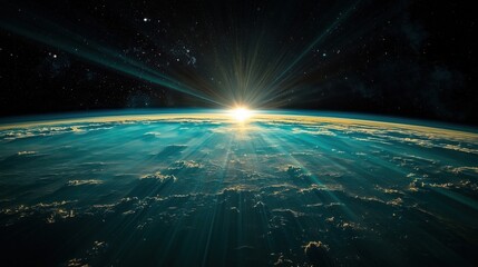 A stunning view of outer space with planet Earth below and a bright sun casting radiant rays against its dark cosmic bac
