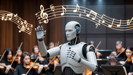 Robotic conductor leading orchestra with musical notes floating above musicians. Automation in music.