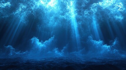 Underwater scene with deep blue hues, sun rays piercing through the water,
