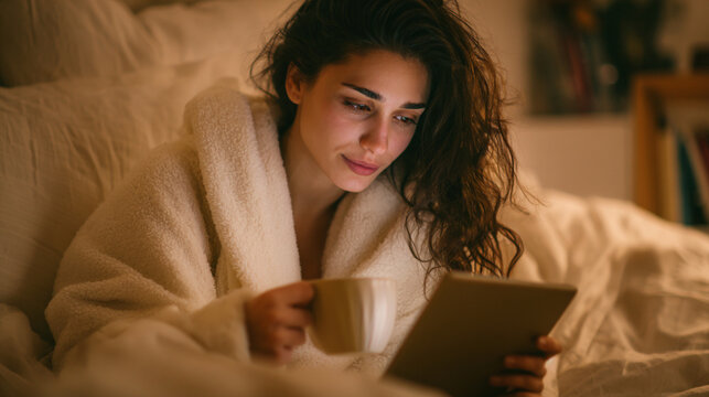 Latina Woman Tracking Sleep Quality on Tablet in Bed with Tea