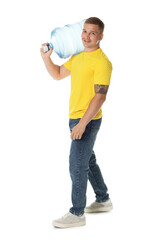 Smiling delivery man with cooler bottle of water on white background