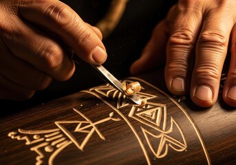 craftsman's weathered hands skillfully carve traditional indigenous ornament into dark wood. culture, and artistry. native american heritage month.