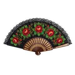 A black hand fan with painted roses lace trim and ornate gold detailing on white or transparent background