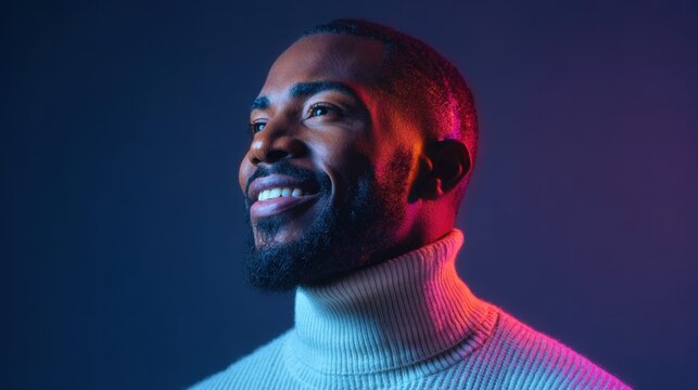 A stylish Black man with a warm smile is illuminated by colorful neon lights.
