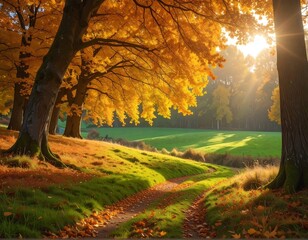 Autumnal path bathed in sunlight