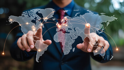 Global Connectivity: A world map overlay visualized by human touch connecting continents and locations.