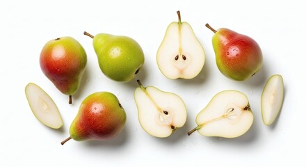 A vibrant top-down composition of fresh, ripe green and red pears, beautifully arranged on a clean white surface, showcasing their natural textures, healthy appeal, and delicious organic essence