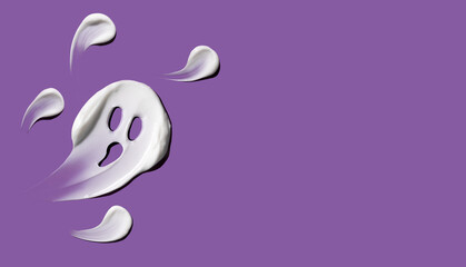 Halloween concept, ghosts in the form of cosmetic strokes on a purple background. Skin hydration in autumn. Autumn concept.