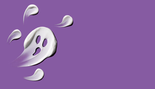 Halloween concept, ghosts in the form of cosmetic strokes on a purple background. Skin hydration in autumn. Autumn concept.