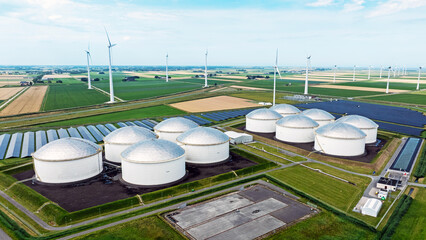 Aerial from oil barrels in industrial area in Eemshaven the Netherlands