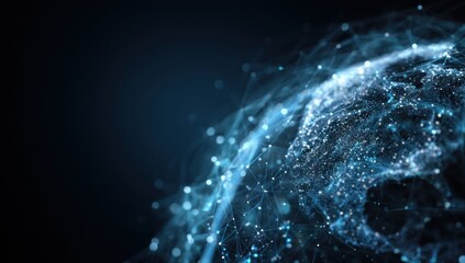 Abstract digital representation of Earth.  A network of glowing points and lines connect to form a globe