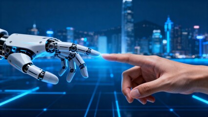 Human and robot hand touching with city background