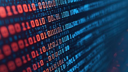 Abstract digital representation of binary code in blue and red hues, symbolizing data processing and technology.