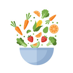 Bowl with healthy food, including fruits and vegetables. Diet and nutrition concept.