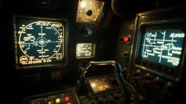 Interior of a dimly lit vintage submarine control room with glowing green tactical radar screens and complex navigation panels