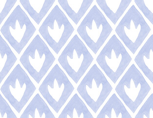 Blue watercolor rhombus seamless pattern with flower shape inside. Hand painted print for kids with floral element.