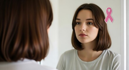 Woman looking in mirror with pink ribbon
