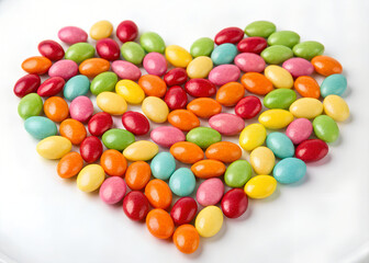 Obraz premium Colorful candy-coated sweets arranged in a heart shape on a white surface