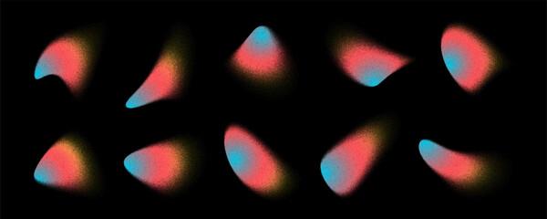Ten blurry, colorful fluid shapes are scattered across a black background. Each form features a grainy texture and gradients of blue, orange, red, and yellow.