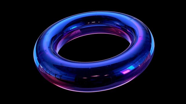 A highly reflective, iridescent torus shape with a metallic sheen, casting subtle pink and blue highlights against a stark black background. - Powered by Adobe