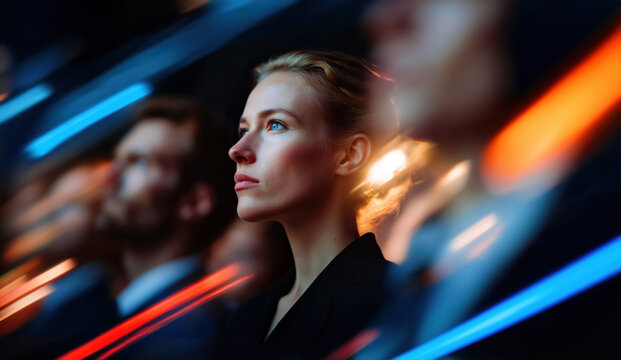 Business portrait of determined woman in audience with colleagues and dynamic red and blue neon streaks
