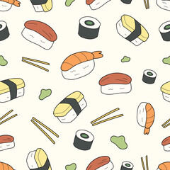 Cute sushi seamless pattern doodle hand drawn illustration. Playful japanese food vector isolated pattern for background, design, print, paper, asset