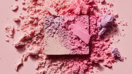 Crushed pink and purple eyeshadow makeup palette on a pastel background.