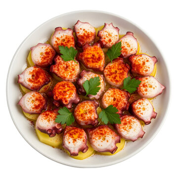 Plate of pulpo a la gallega sliced octopus with paprika olive oil parsley atop sliced potatoes on white or transparent background