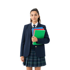 Spain schoolgirl in uniform with books stands centered on white or transparent background