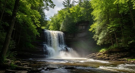 Obraz premium Majestic Waterfall Cascading Through Lush Green Forest.