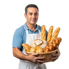 Smiling Spain baker holds a wicker basket full of assorted breads on white or transparent background