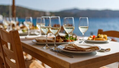 Greek seaside tavern table set on a sunny port with traditional food