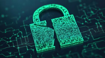 A digital lock icon appears broken, surrounded by abstract circuitry, symbolizing cybersecurity and data protection issues.