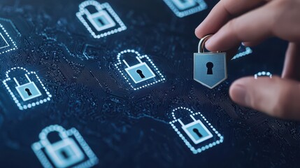 A digital illustration of a hand placing a padlock icon on a network of interconnected locks, symbolizing cybersecurity and data protection.