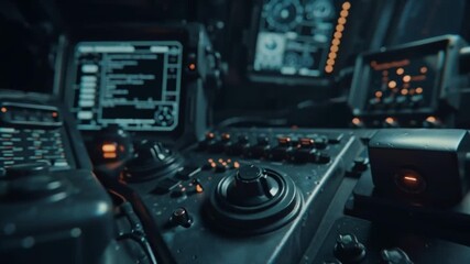 Intricate interior view of an advanced futuristic control console, featuring multiple screens, illuminated buttons, and complex joysticks for high-tech operational command in a darkened setting - Powered by Adobe