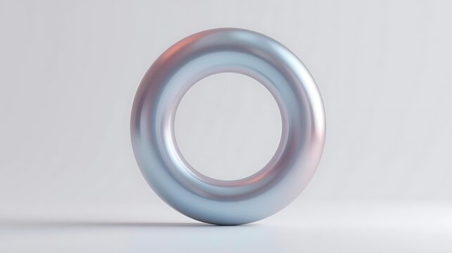A metallic torus shape with a pearlescent sheen, casting a subtle shadow on a plain white background.