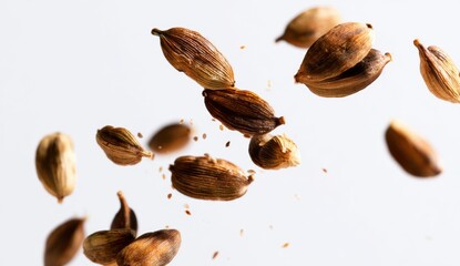 Spice pods in mid-air